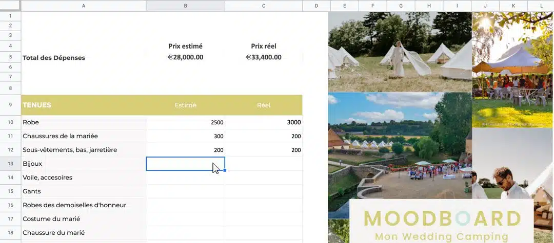 Calculateur tableur de budget de mariage